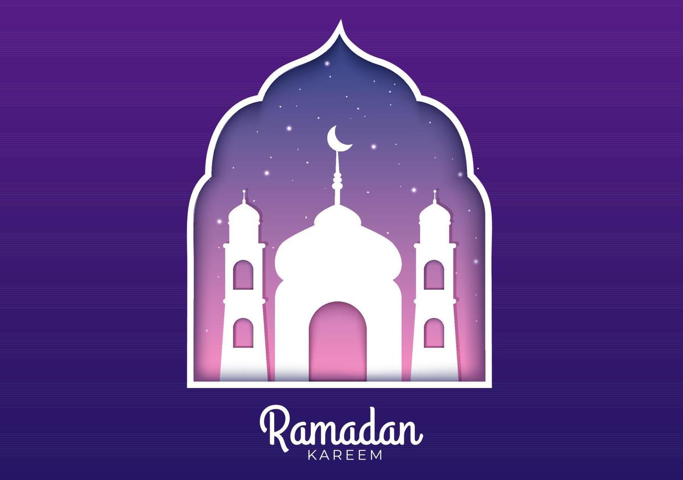 Ramadan Kareem with Mosque, Lanterns and Moon in Flat Background Vector Illustration for Religious Holiday Islamic Eid Fitr or Adha Festival Banner or Poster