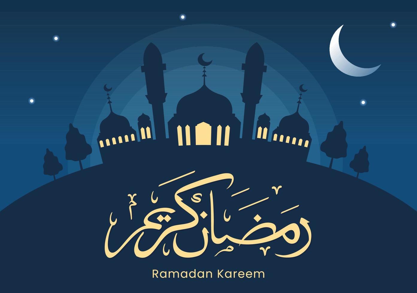 Ramadan Kareem with Mosque, Lanterns and Moon in Flat Background Vector Illustration for Religious Holiday Islamic Eid Fitr or Adha Festival Banner or Poster