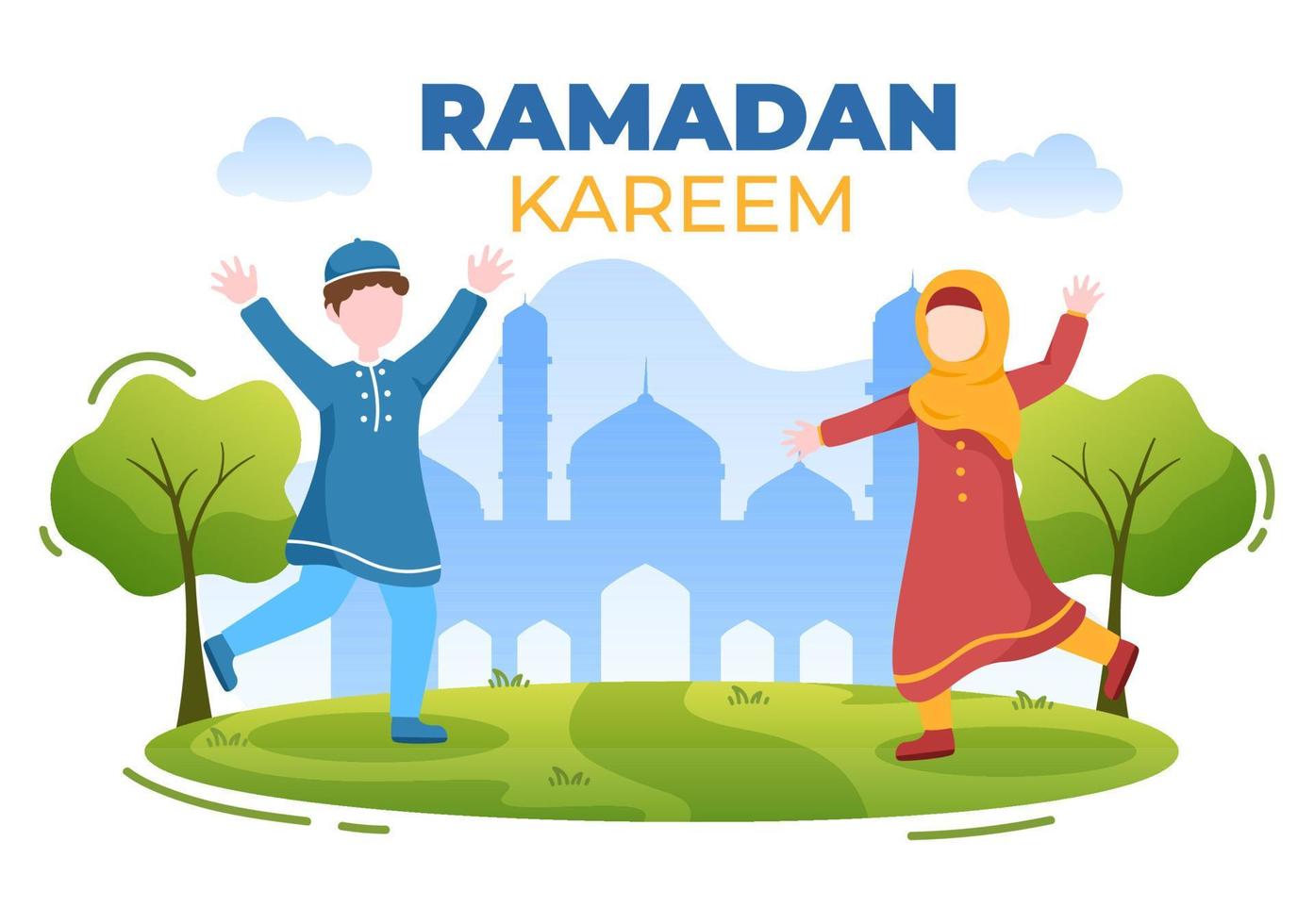 Ramadan Kareem with People, Mosque, Lanterns and Moon in Flat Background Vector Illustration for Religious Holiday Islamic Eid Fitr or Adha Festival Banner or Poster