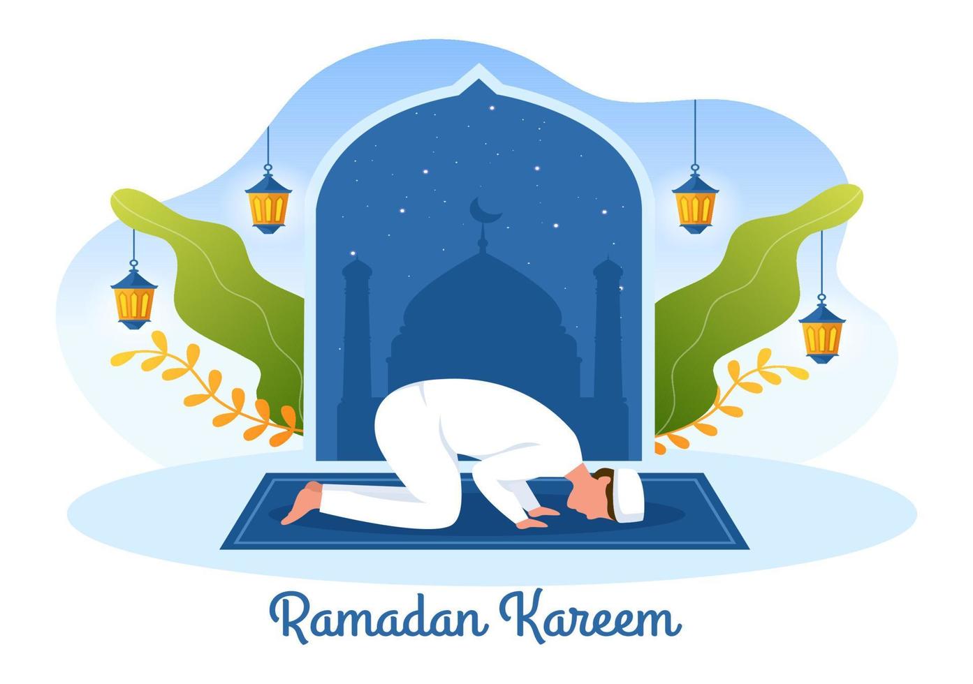 ramadan kareem con carácter de persona orante en ilustración de vector de fondo plano para festividad religiosa islámica eid fitr o adha festival banner o cartel