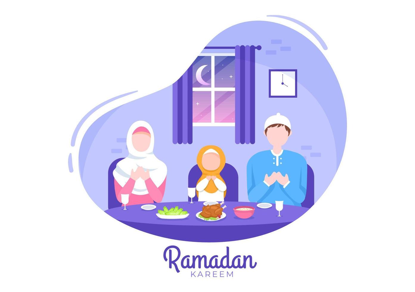 Ramadan Kareem with Breaking the Fast, Iftar or Sahur in Flat Background Vector Illustration for Religious Holiday Islamic Eid Fitr and Adha Festival Banner or Poster