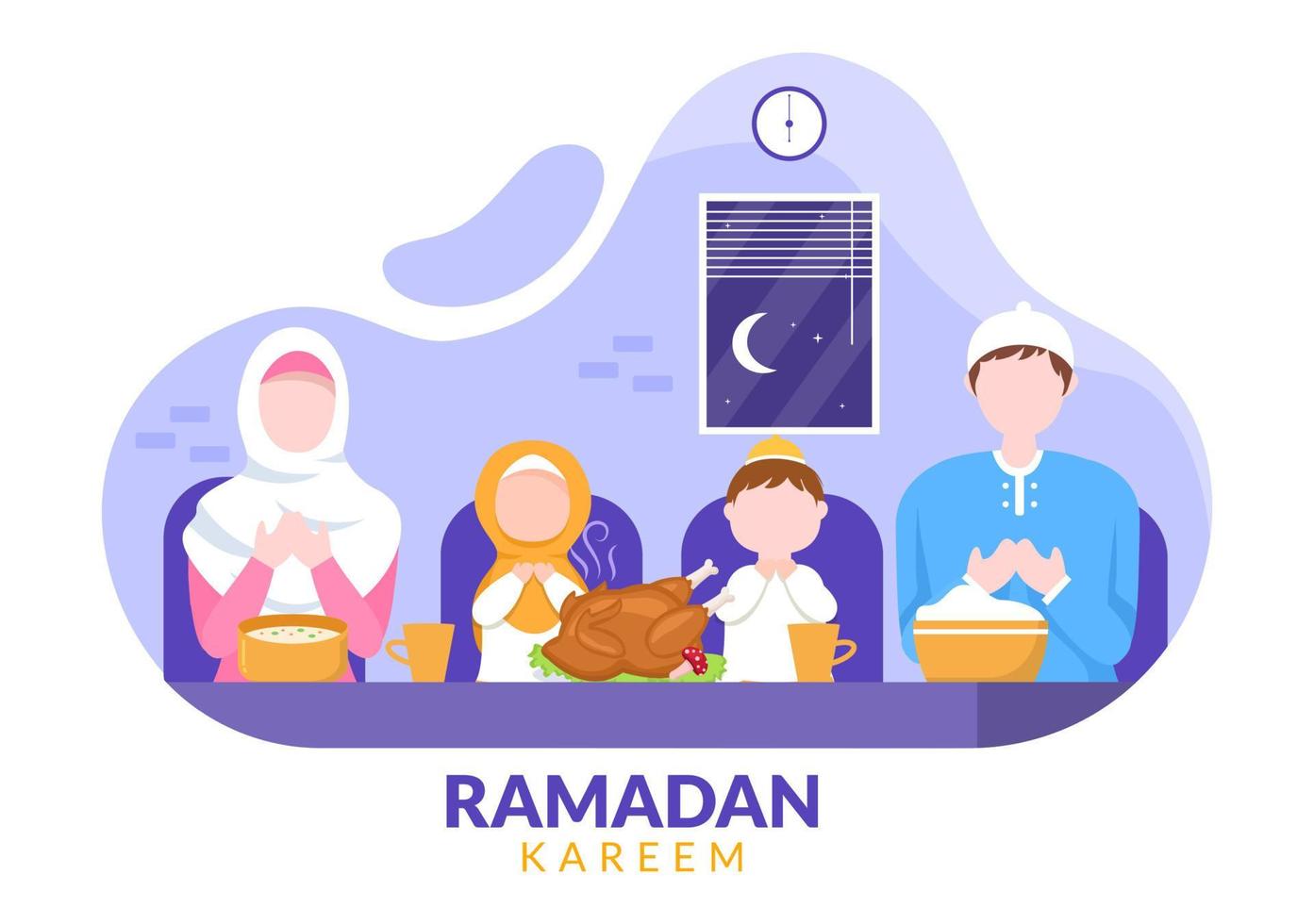 Ramadan Kareem with Breaking the Fast, Iftar or Sahur in Flat Background Vector Illustration for Religious Holiday Islamic Eid Fitr and Adha Festival Banner or Poster