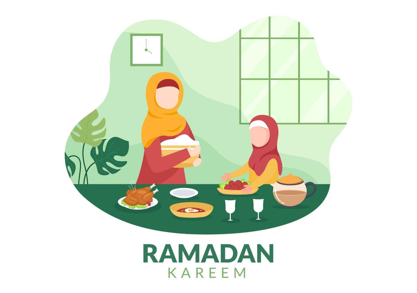 Ramadan Kareem with Breaking the Fast, Iftar or Sahur in Flat Background Vector Illustration for Religious Holiday Islamic Eid Fitr and Adha Festival Banner or Poster