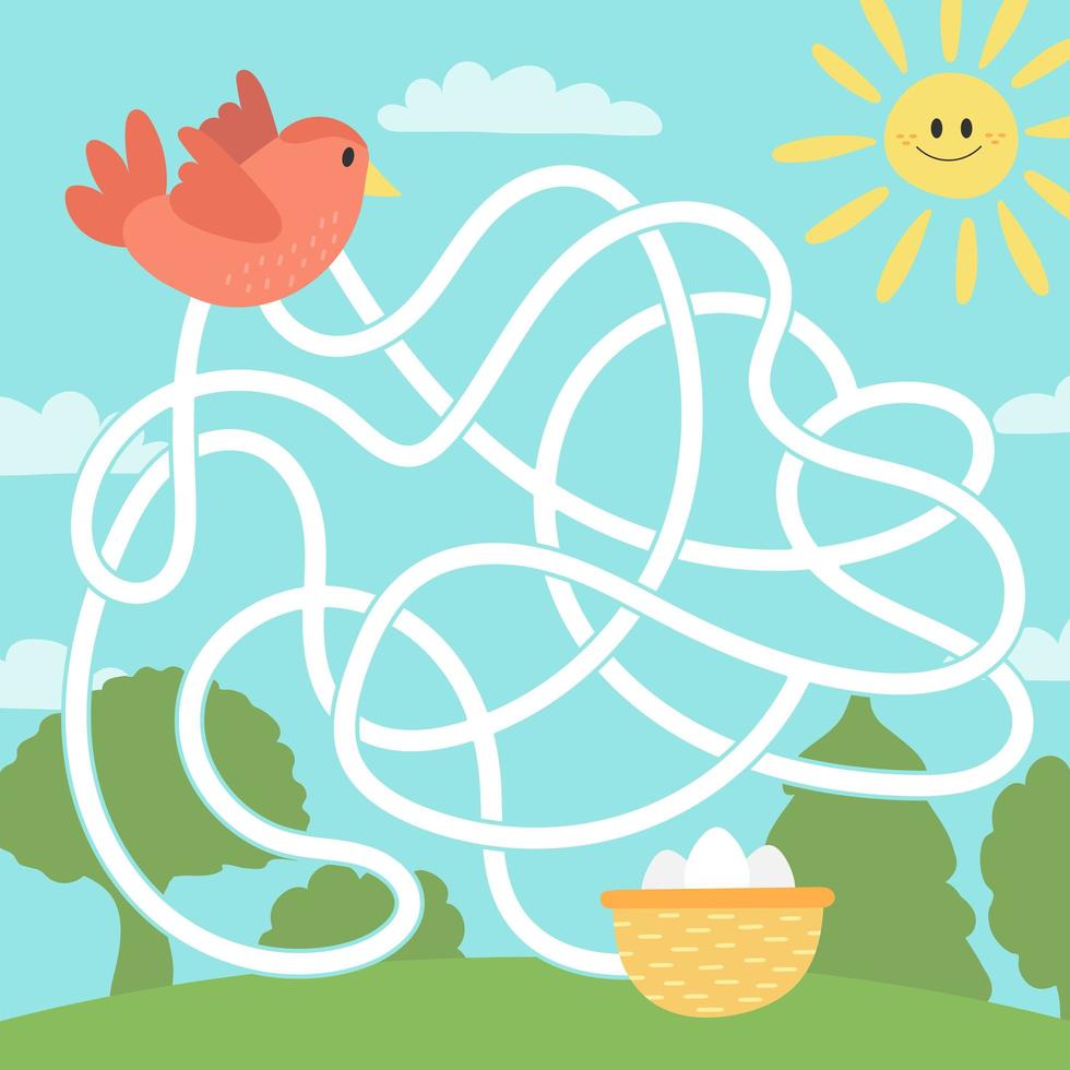 Maze game for children, education worksheet. Bird and nest with eggs vector