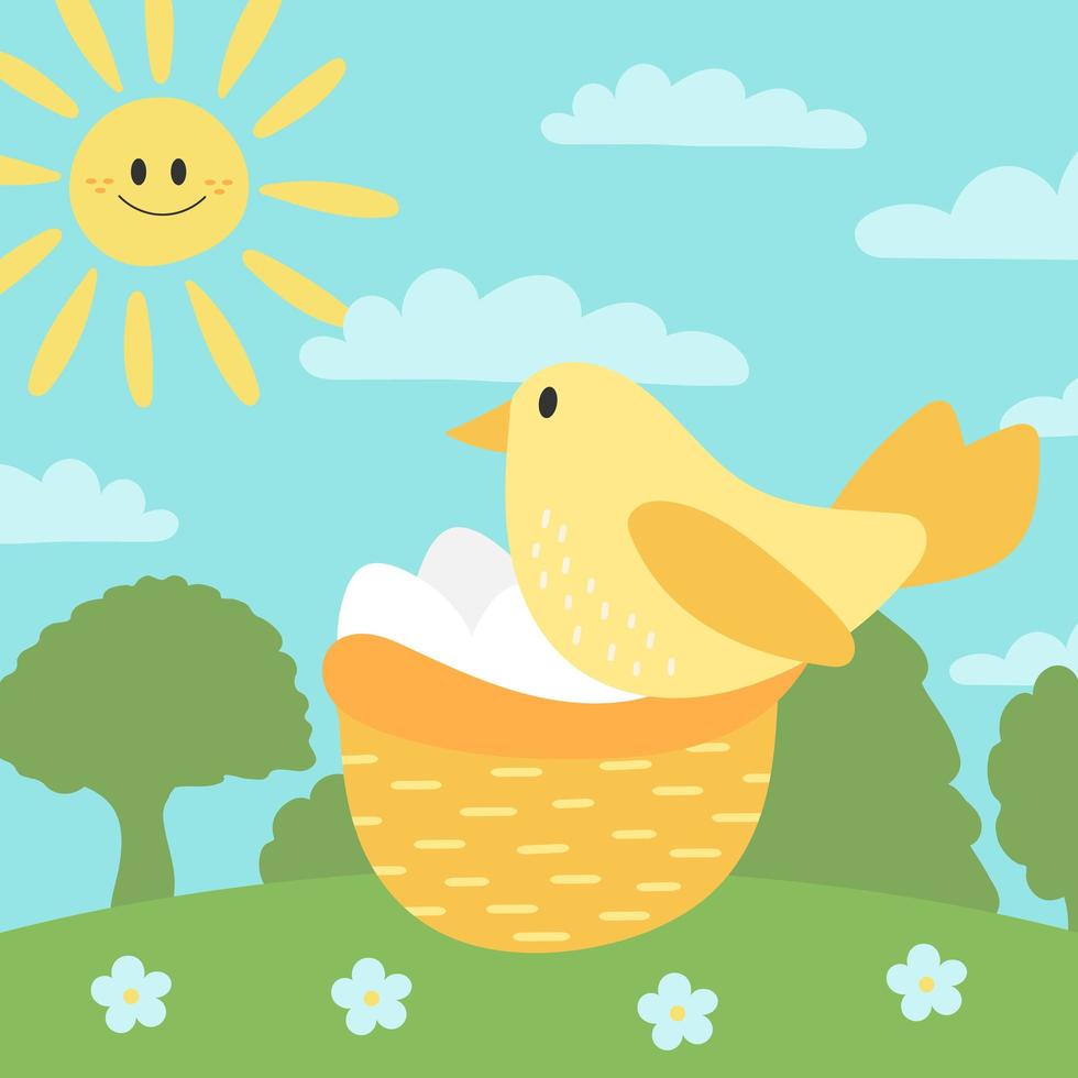 Cute bird with eggs in the nest. Happy little bird, springtime. vector