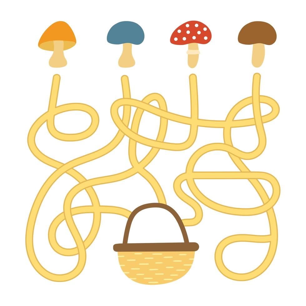 Maze game for kids. Funny labyrinth. Education worksheet. Mushrooms and basket vector