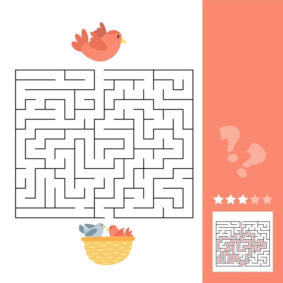 Maze game for children, education worksheet. Bird and nest with chicks vector