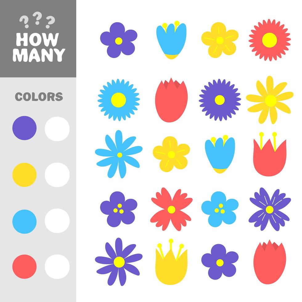 juego educativo de matemáticas para niños. cuantas flores con colores especificos vector