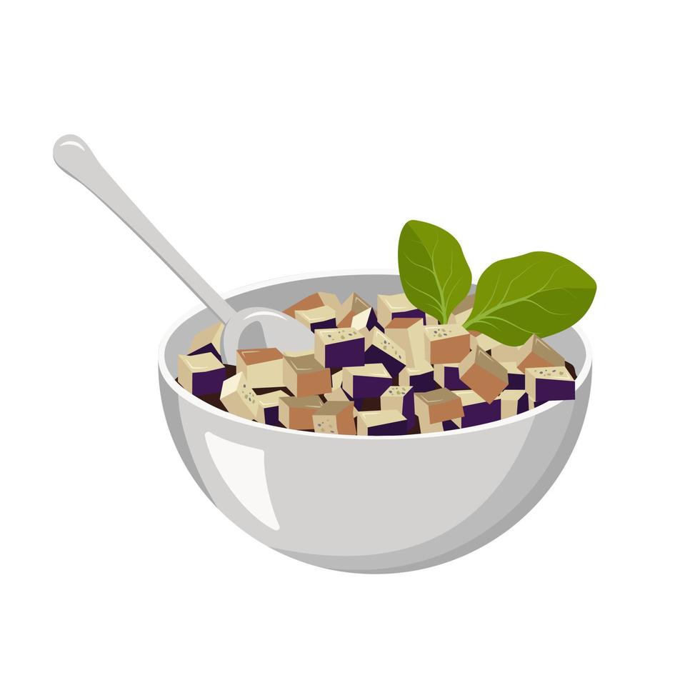 Eggplant salad diced with leaves in bowl and with spoon. Cooking delicious healthy food. Vector flat illustration