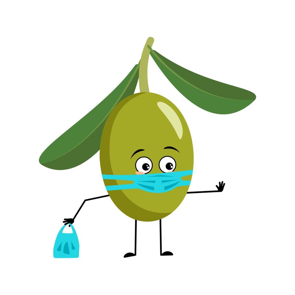 Olive character with sad emotions, face and mask keep distance, hands with shopping bag and stop gesture. Person with care expression, fruit emoticon. Vector flat illustration