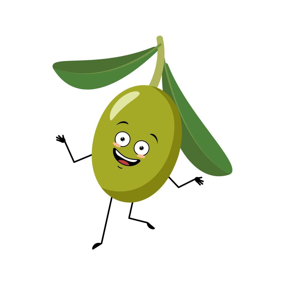 carácter oliva con emoción feliz, cara alegre, ojos sonrientes, brazos y piernas bailando. persona con expresión, emoticono de frutas. ilustración plana vectorial vector