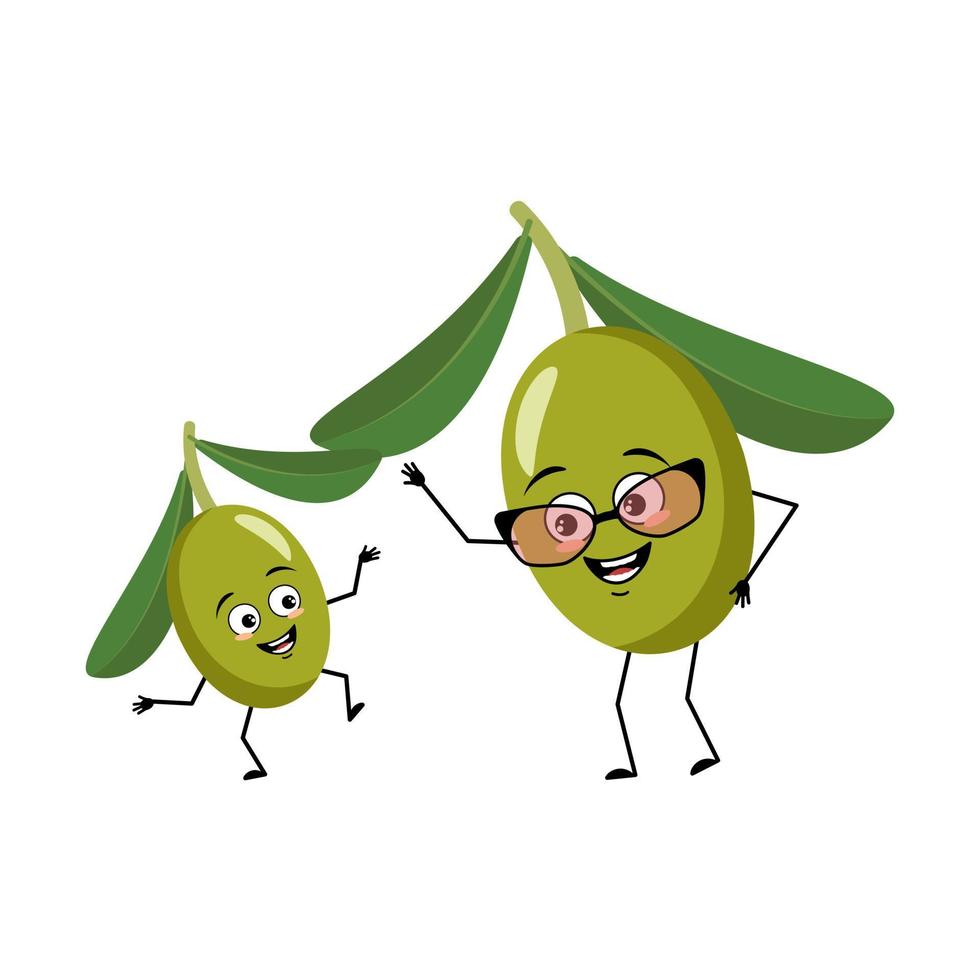 Olive character with happy emotion, joyful face, smile eyes, dancing arms and legs. Person with expression, fruit emoticon. Grandmother with glasses and grandson dancing. Vector flat illustration