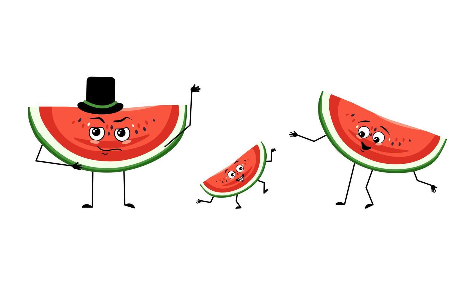 Family of watermelon fruit characters with happy emotions, smile face, happy eyes, arms and legs. Mom is happy, dad is wearing hat and child is dancing. Vector flat illustration