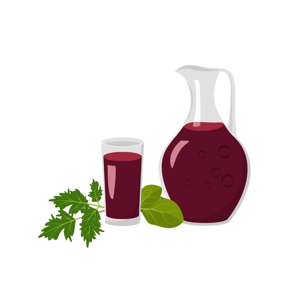 Jug and glass with red beetroot juice, parsley and spinach leaves. Delicious healthy drink and weight loss product with vitamins and antioxidants. Vector flat food illustration