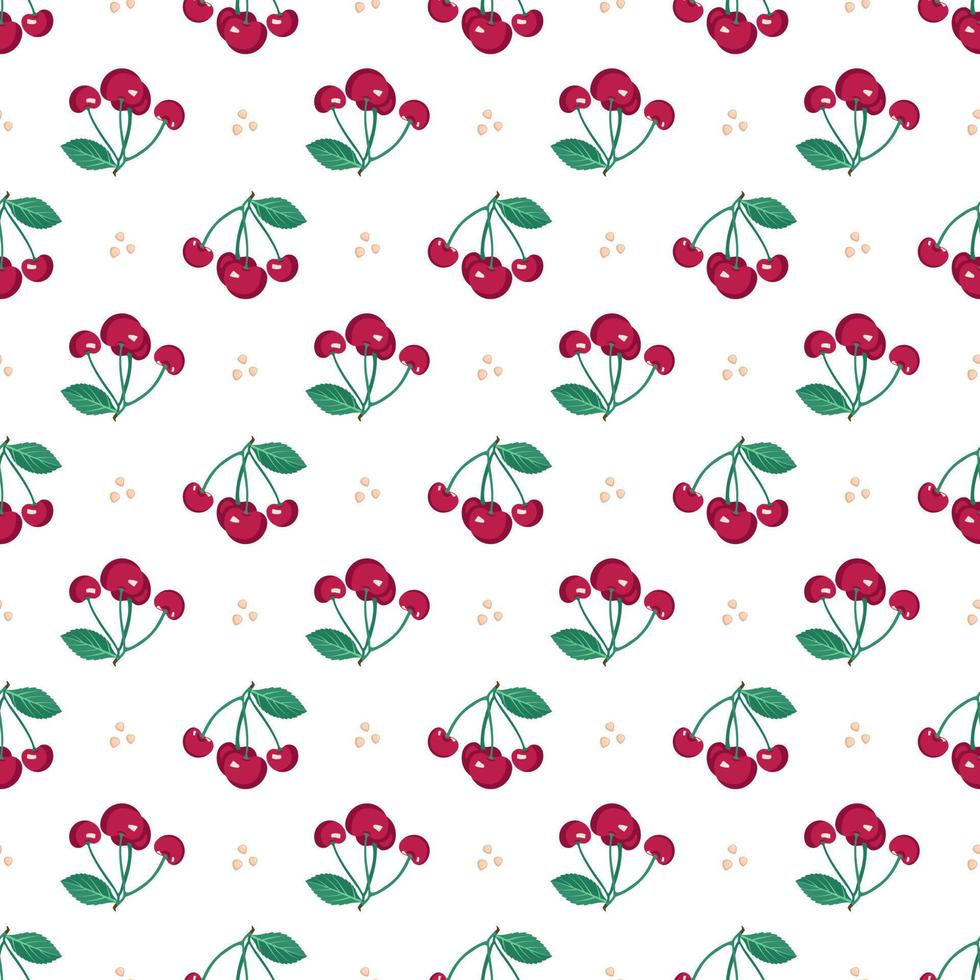 Cherry berry seamless pattern with leaves, print on white background. Vector flat illustration with different red and green elements for spring and summer