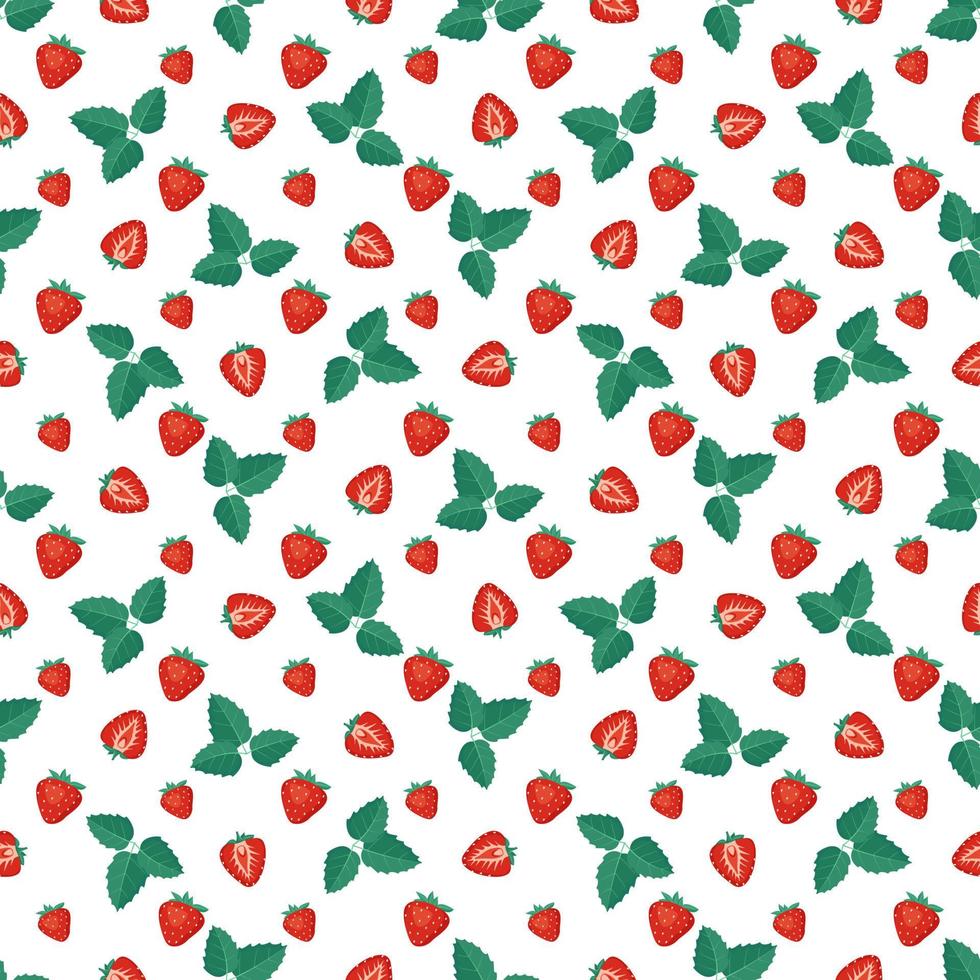 Seamless pattern with red strawberries and leaves. Cute summer or spring print. Festive decoration for textiles, wrapping paper and design. Vector flat illustration