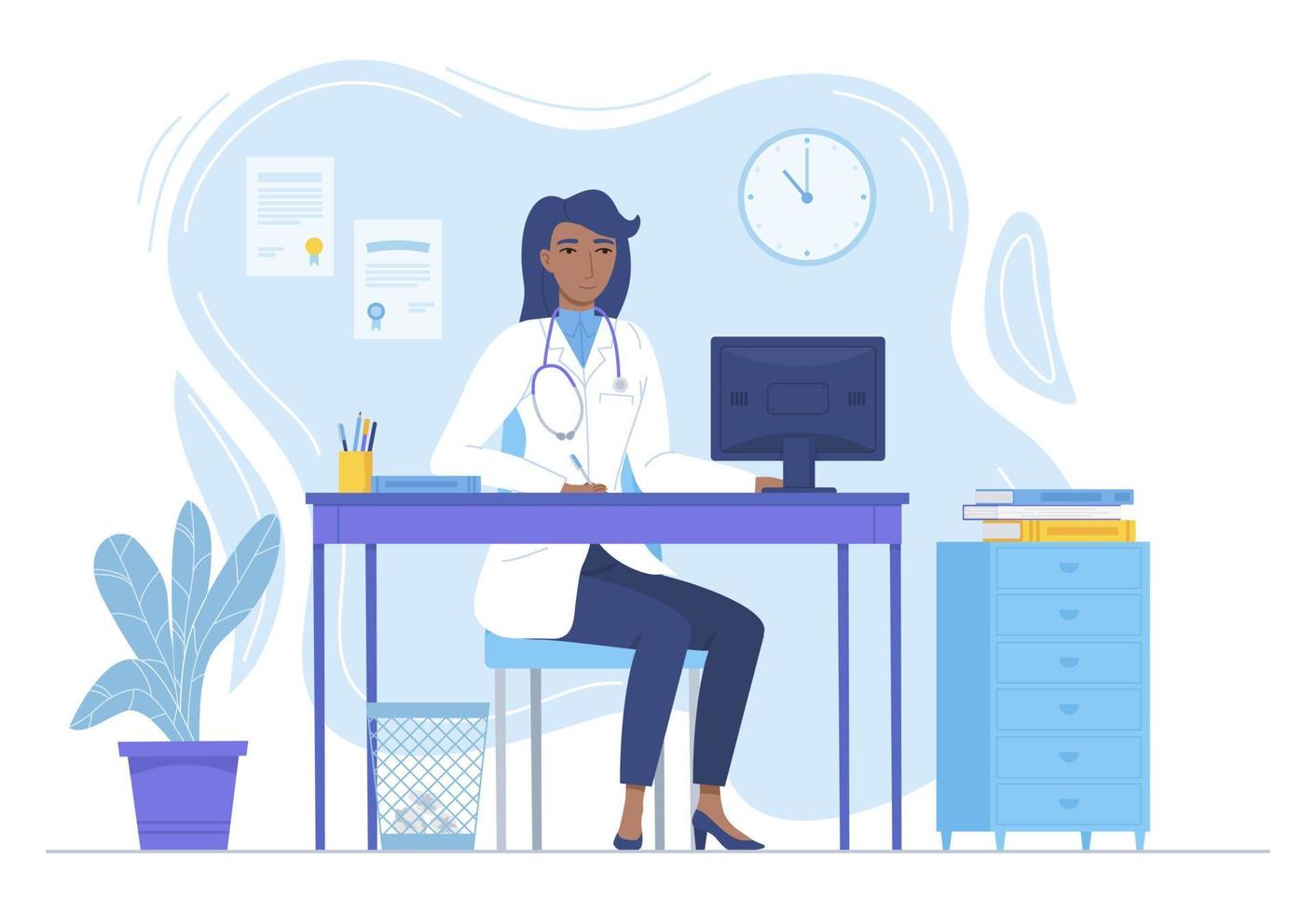 doctora africana negra con estetoscopio sentado en el escritorio con monitor. medicina, pandemia, terapia de encierro, atención médica, concepto de espacio de trabajo hospitalario. ilustración vectorial de stock en estilo plano vector