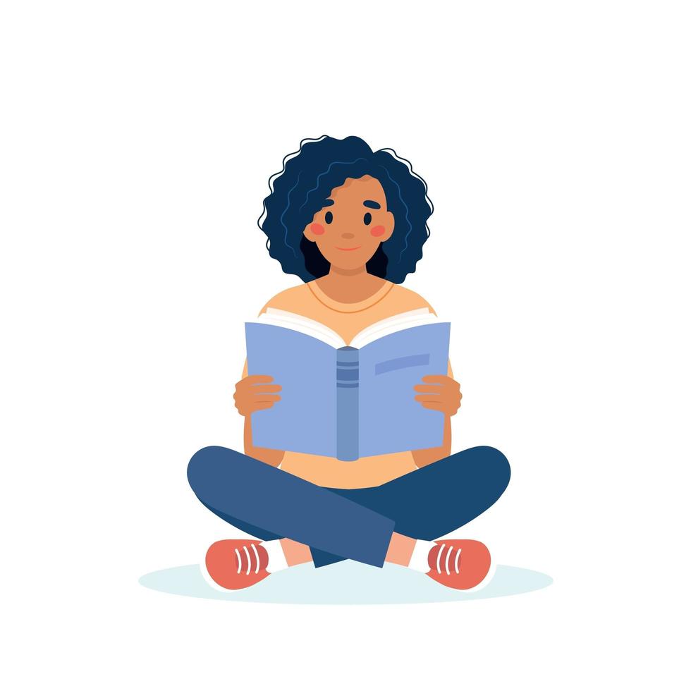 Woman reading book while sitting. Learning and literacy day concept. Cute  vector illustration in flat cartoon style 5658284 Vector Art at Vecteezy
