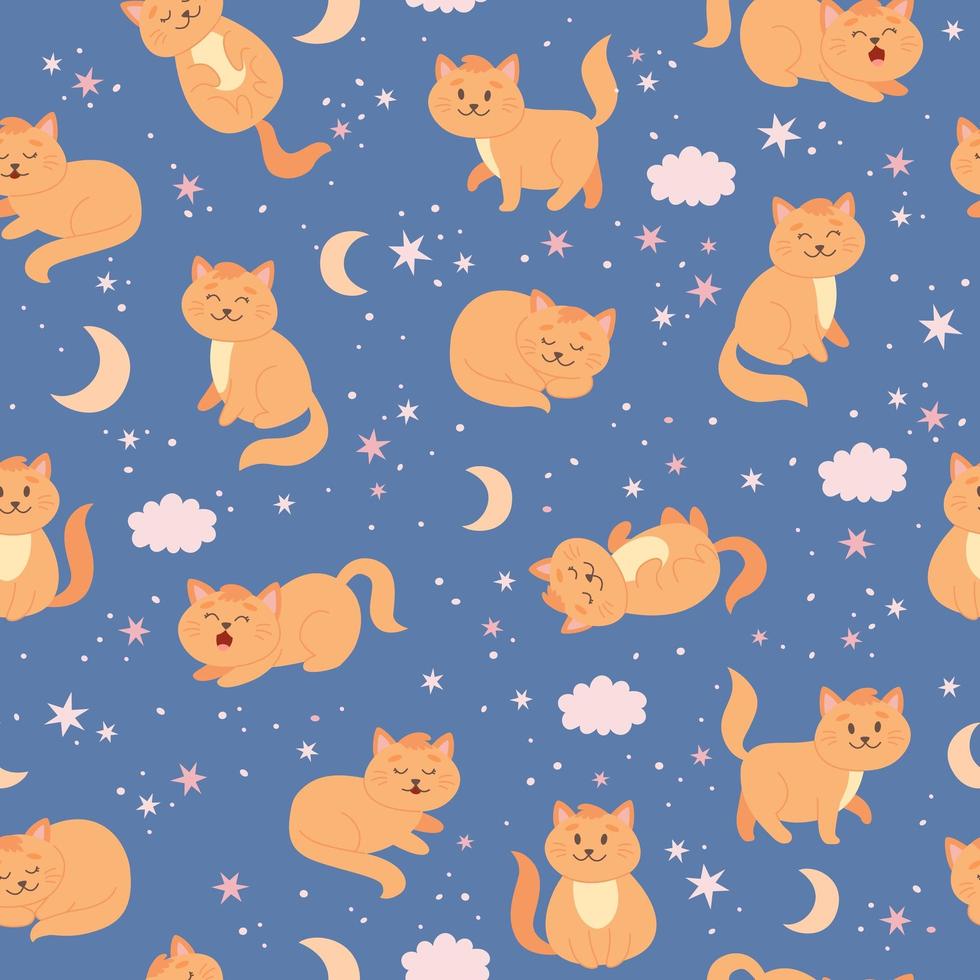 patrón de gatos con luna, estrellas y nubes. lindo personaje de gato jengibre en estilo de dibujos animados, ilustración vectorial vector