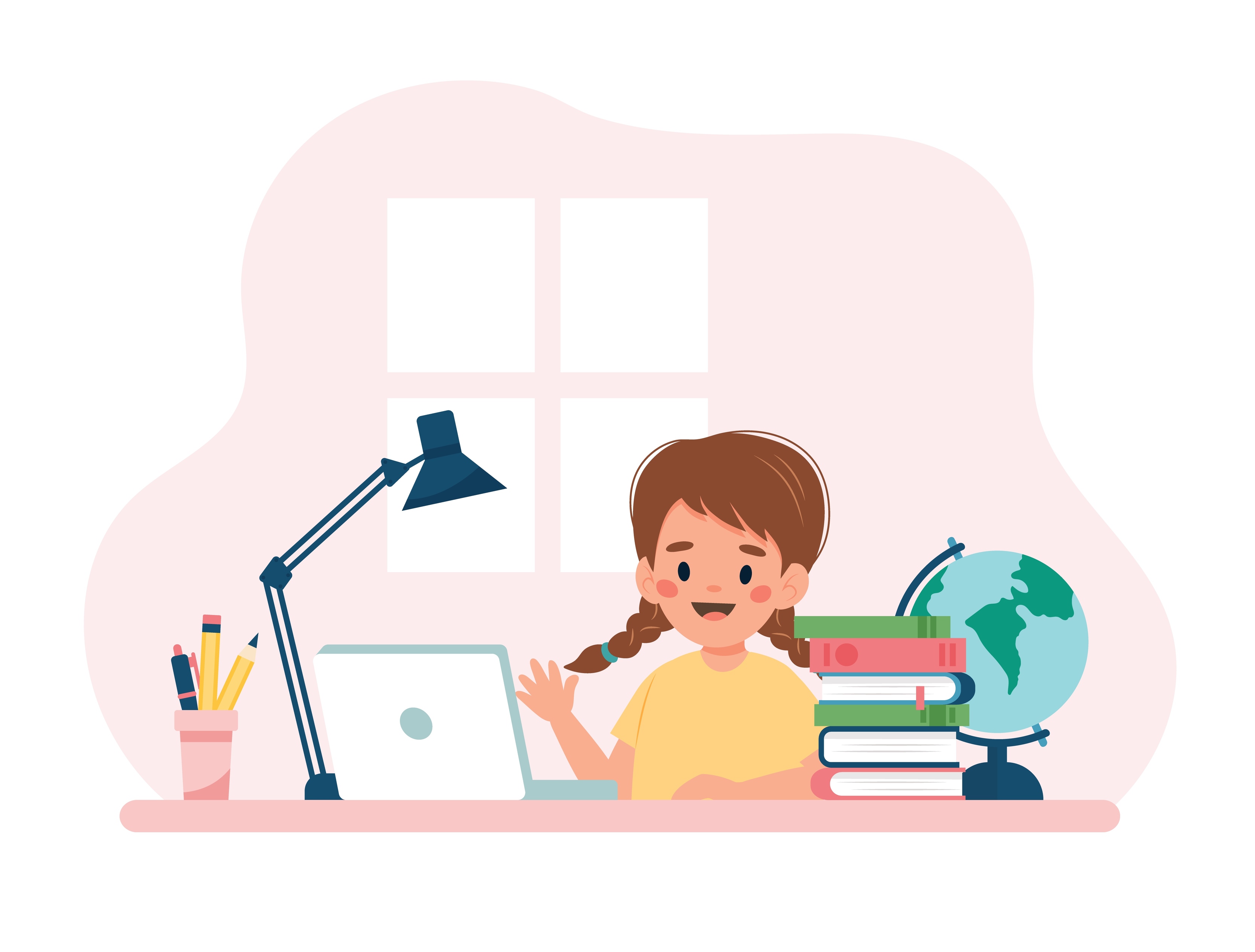 Girl studying with computer and books. Vector illustration concept in  cartoon style 5658307 Vector Art at Vecteezy