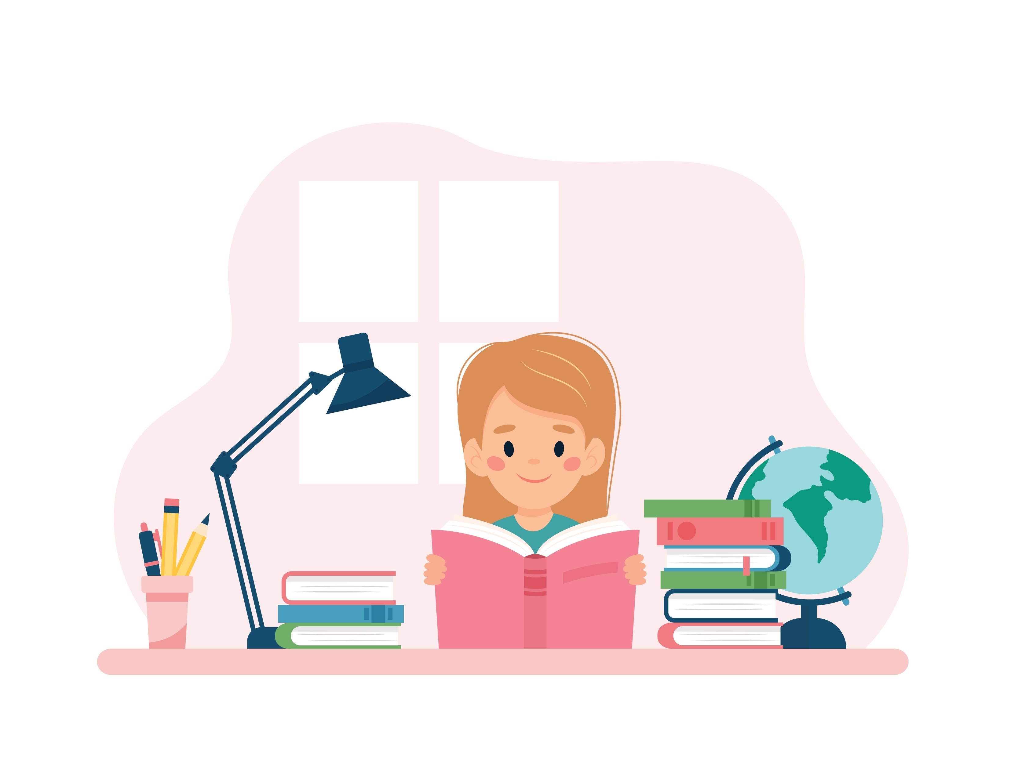 Girl reading a book sitting at a desk. Vector illustration concept in cartoon style 5658309 Vector Art at Vecteezy Girl reading a book sitting at a desk. Vector illustration concept in cartoon style 5658309 Vector Art at Vecteezy