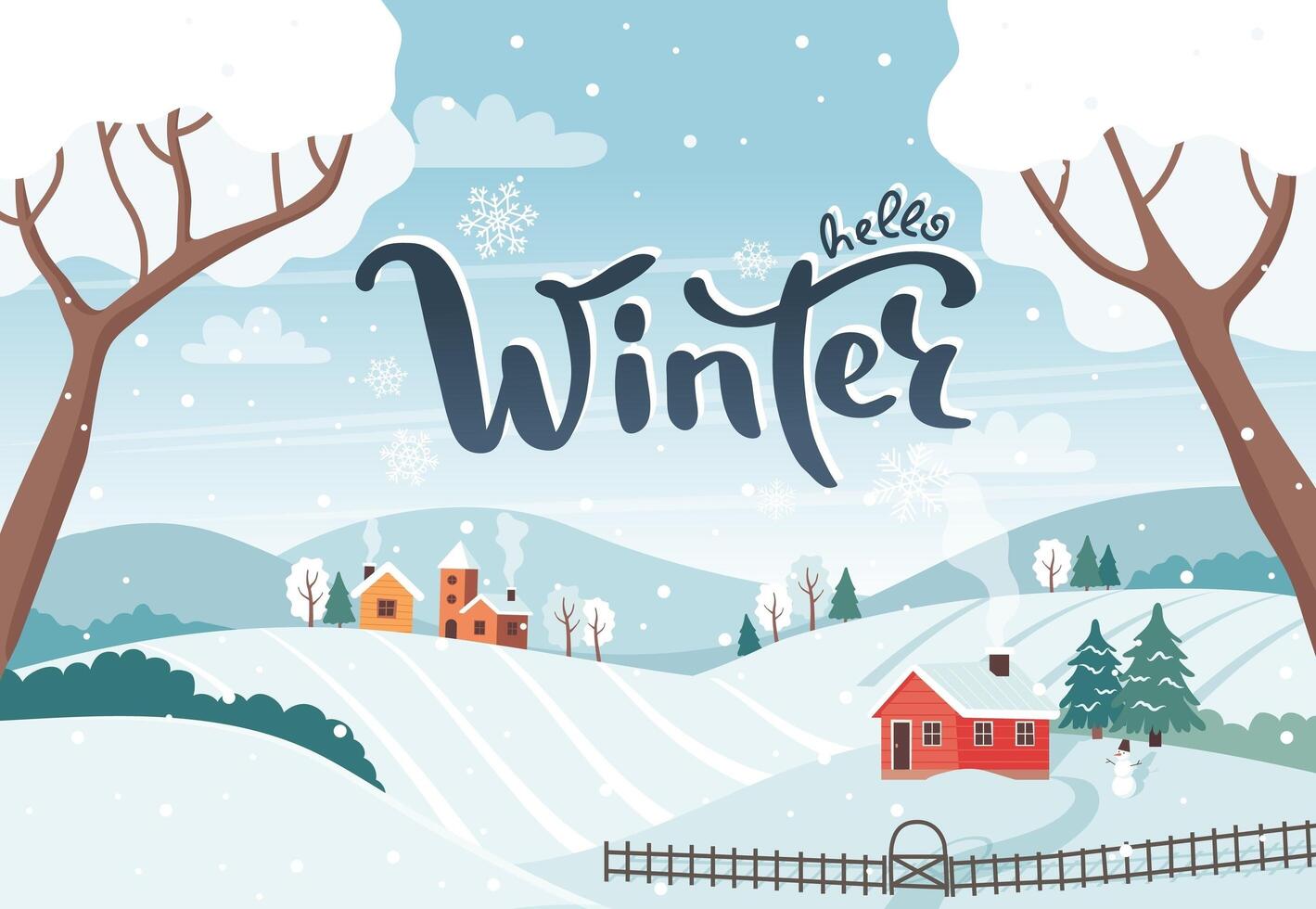 Winter landscape with trees, fields, houses and handwritten lettering. Seasonal countryside landscape. Vector illustration card template