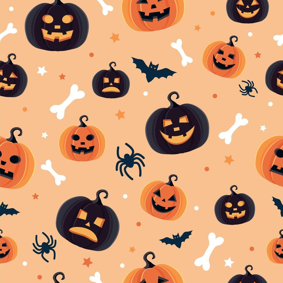 Halloween pattern with different pumpkins, spooky jack o lantern ...