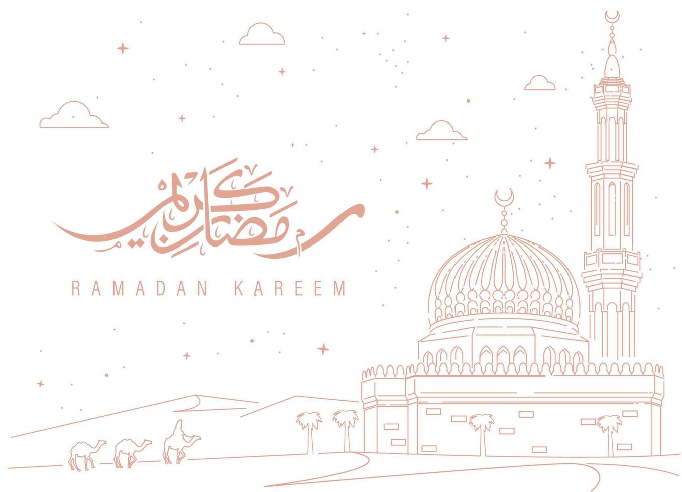 Ramadan Kareem greeting banner design with mosque line art on grunge background Vector illustration