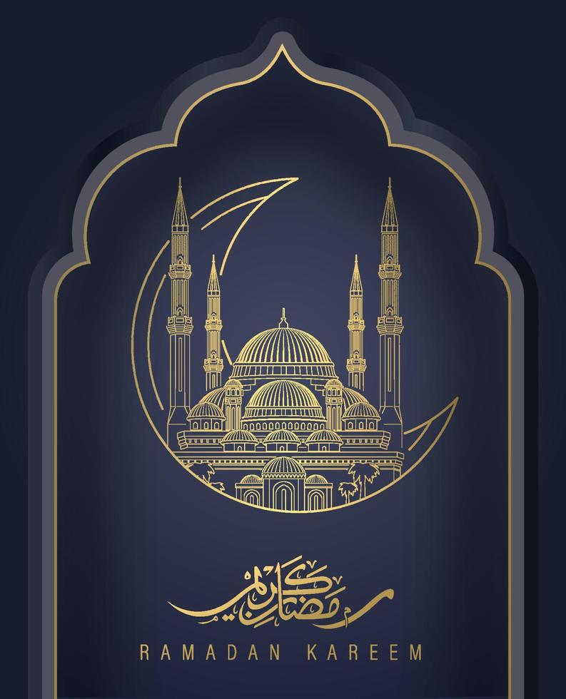 diseño simple de ramadhan kareem con ilustración de vector de fondo de arte de línea de mezquita