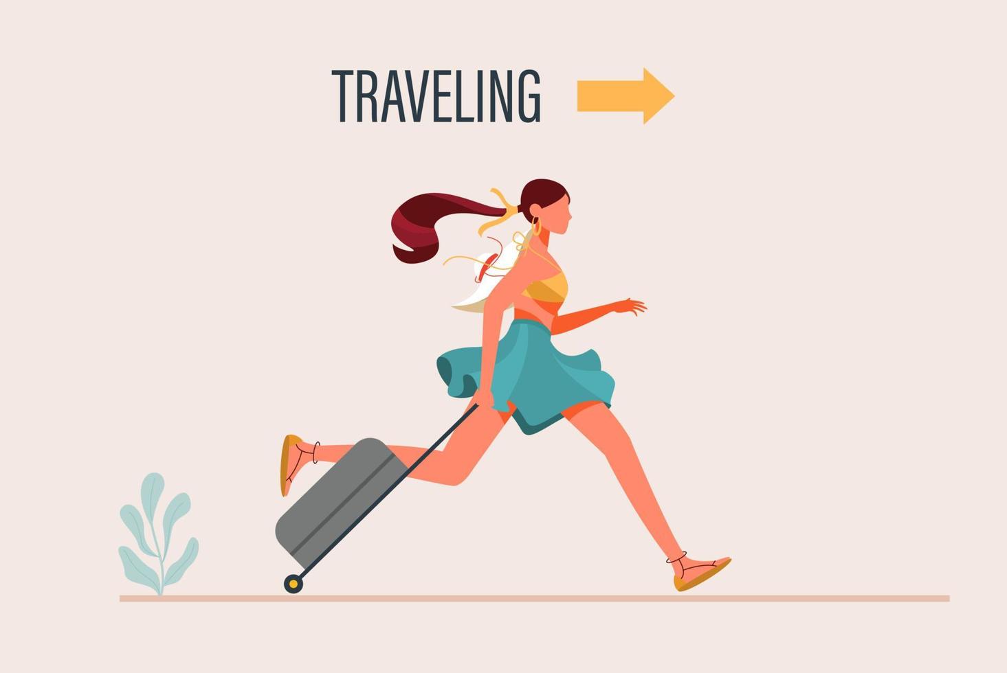 Young woman wearing fashionable clothes walking with a travel bag flat design vector illustration, woman with a luggage bag