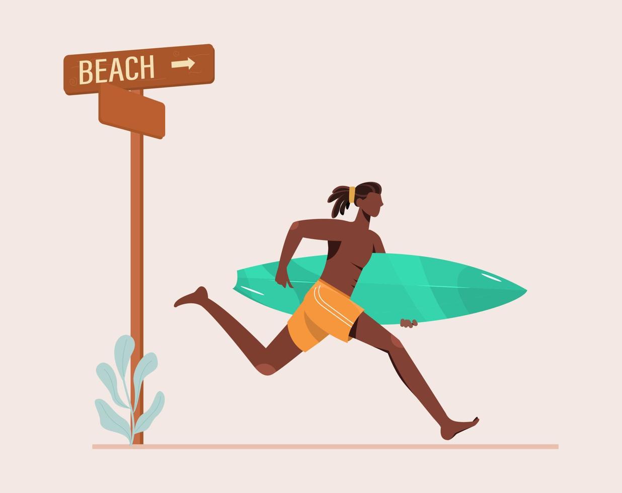 hombre negro sosteniendo tabla de surf en concepto de diseño plano de playa, ilustración de vector de surfista de hombre afro