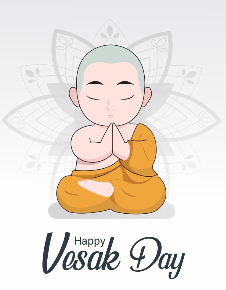 feliz día de vesak con ilustración de vector de cartel de dibujos animados de monje de meditación