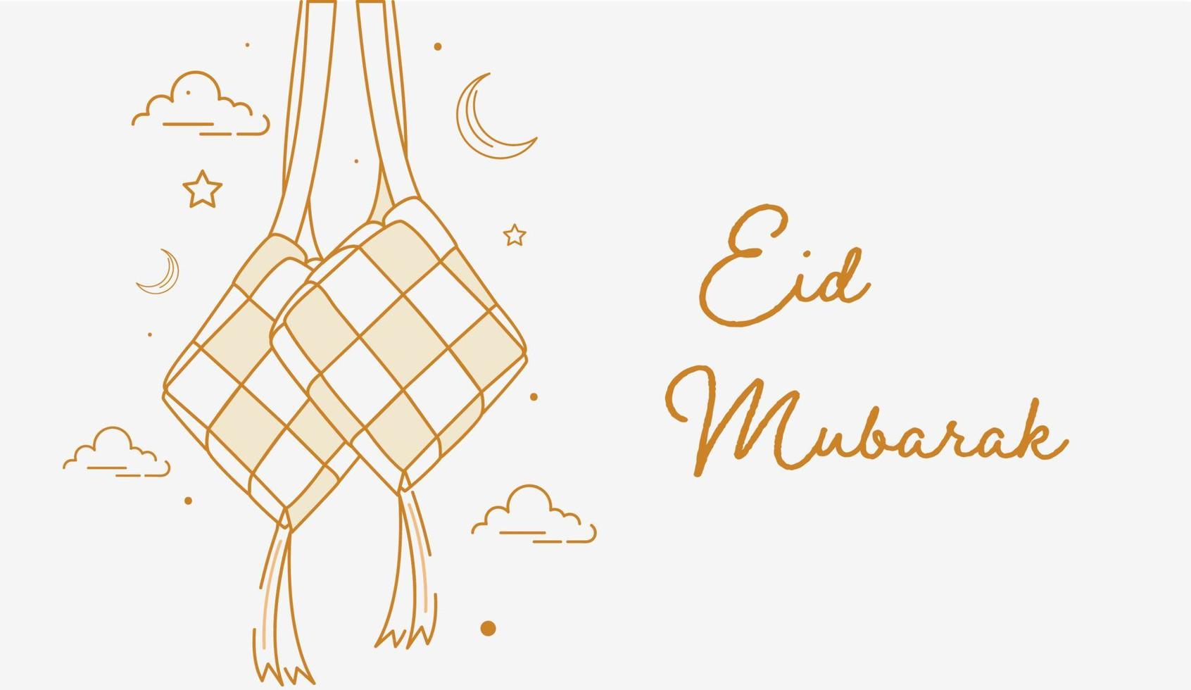 feliz ilustración vectorial de eid mubarak adecuada para tarjetas de felicitación de carteles y otros, plantilla de eid mubarak con ketupat y estilo de línea de arte vector