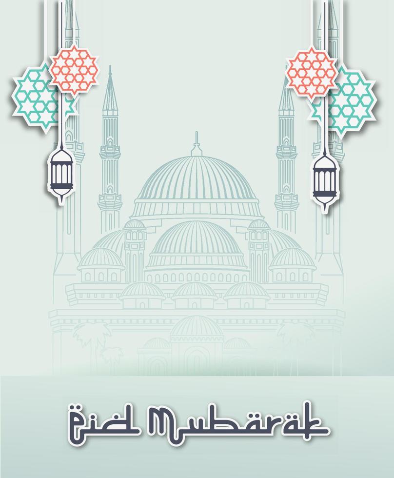 Happy Eid Mubarak Vector Illustration with Line Art Mosque and Hanging Lantern