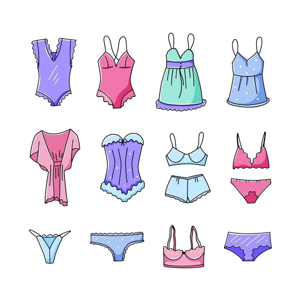 Lingerie collection. Sexy underwear and loungewear.Lounge lingerie set of hand drawn elements. Vector illustration in doodle style