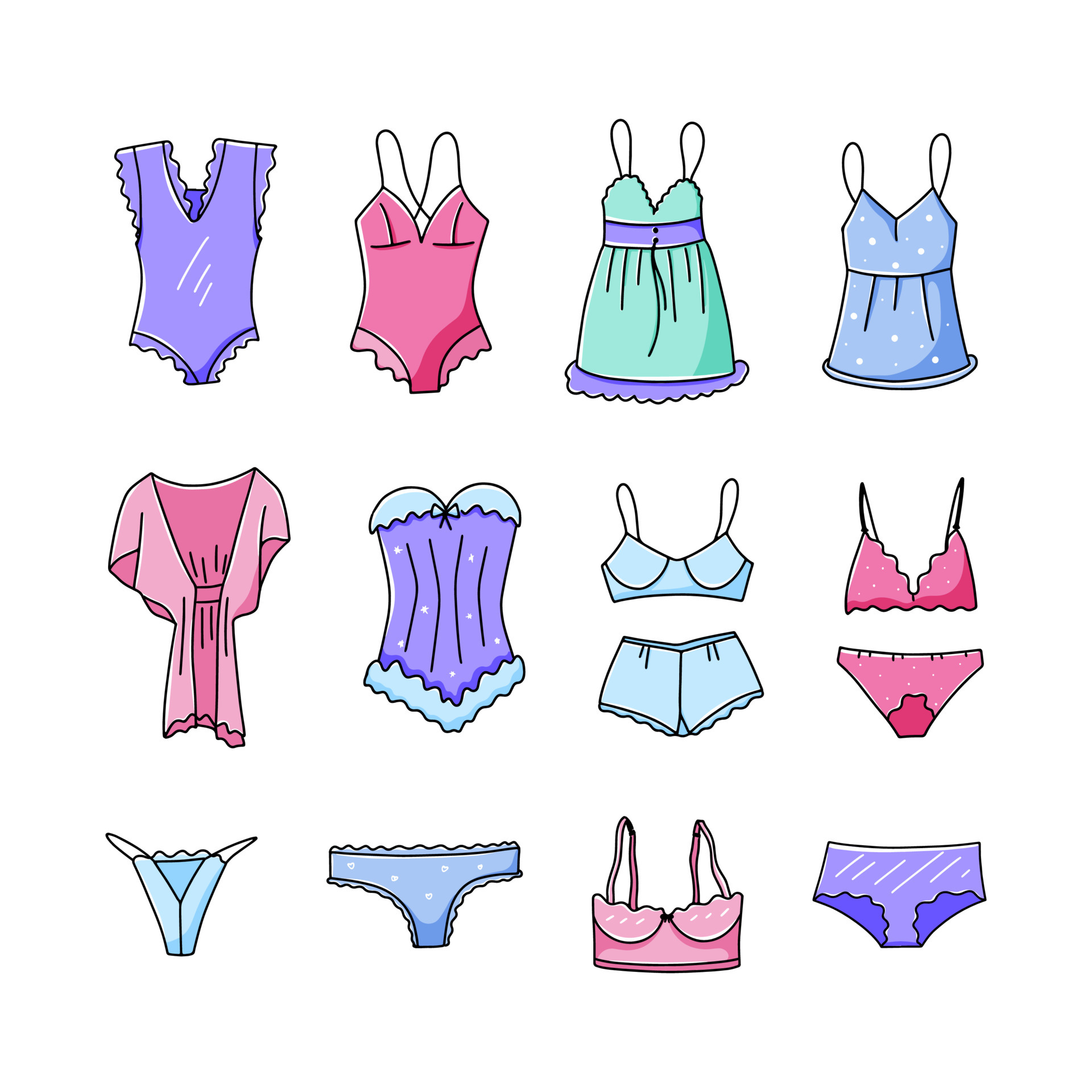 Lingerie collection. Sexy underwear and loungewear.Lounge lingerie set of  hand drawn elements. Vector illustration in doodle style 5658466 Vector Art  at Vecteezy