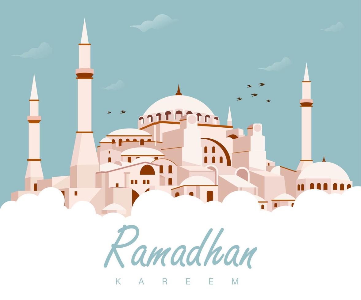 ramadhan kareem ilustración vectorial con mezquita de cuatro pilares en el fondo vector