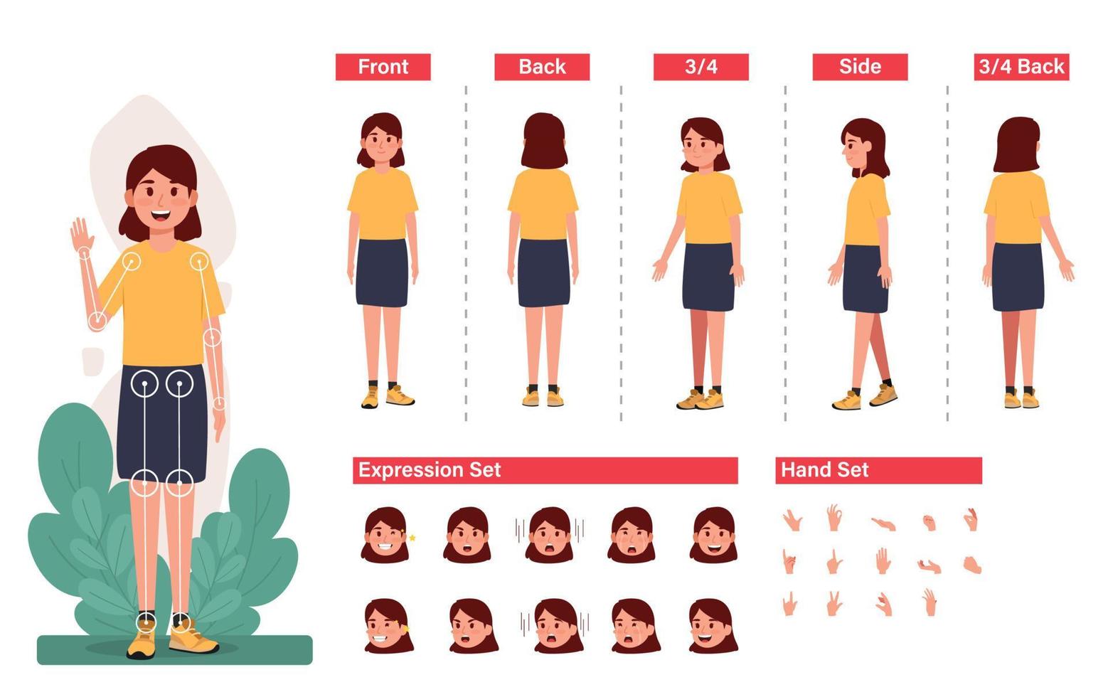 conjunto de creación de personajes femeninos con varias vistas, peinados, emociones faciales, poses vector