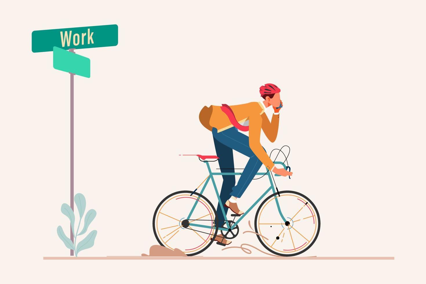 Bussinesman Riding Bycicle to Work Flat Design Concept, A Man Ride Bycicle to Work Vector Illustration