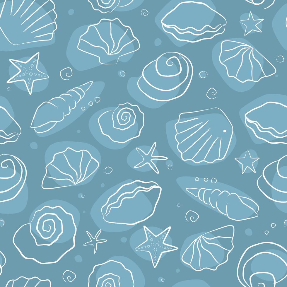 Seamless pattern summer time. Hand drawn sea shells and stars collection. Marine illustration of ocean shellfish. vector