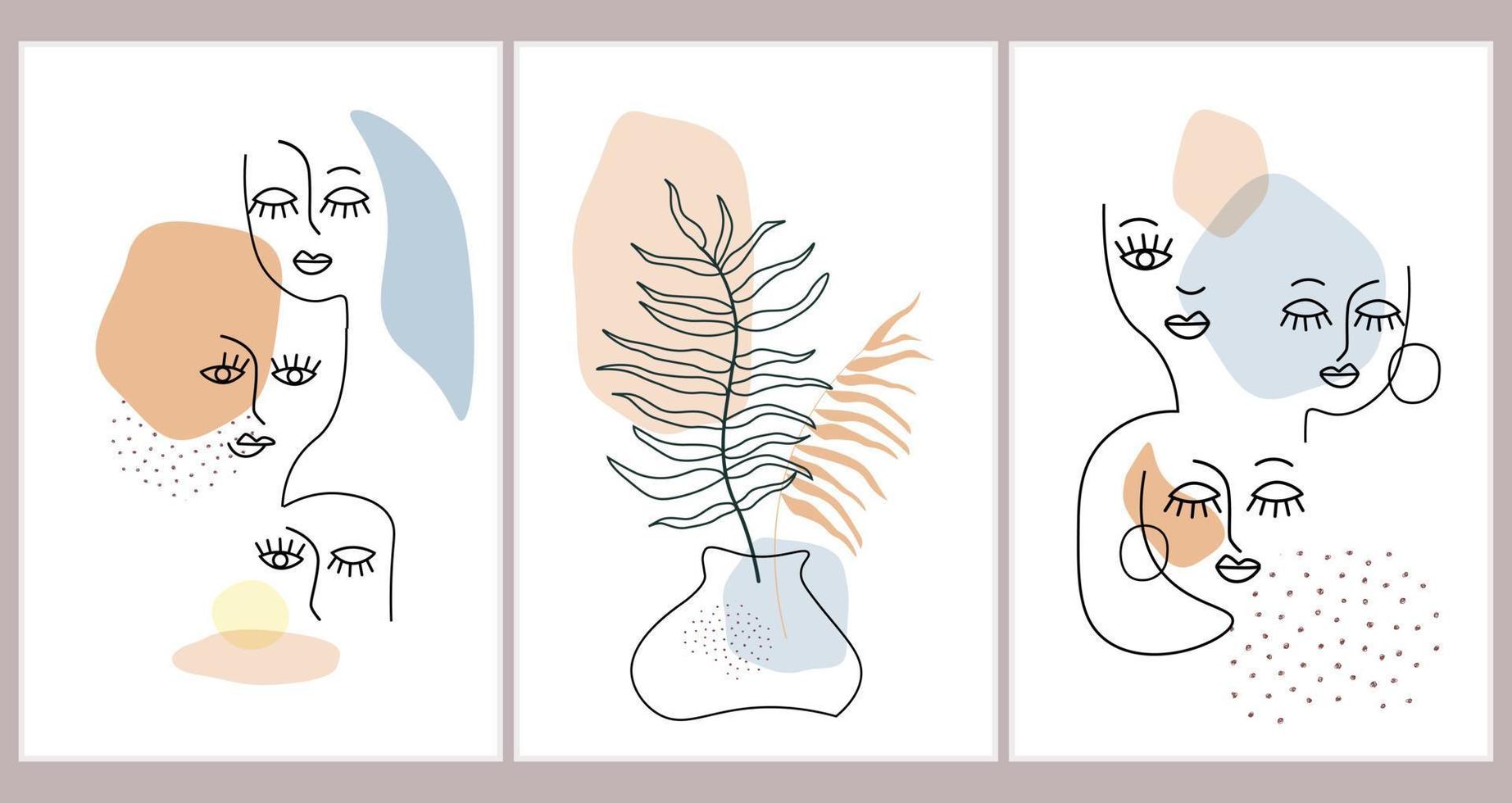 Contemporary poster with women's faces, hand-drawn in one line with simple shapes, plant.   Abstract minimalistic females with different emotions. Concept beauty, feminism, equality. Vector graphics.