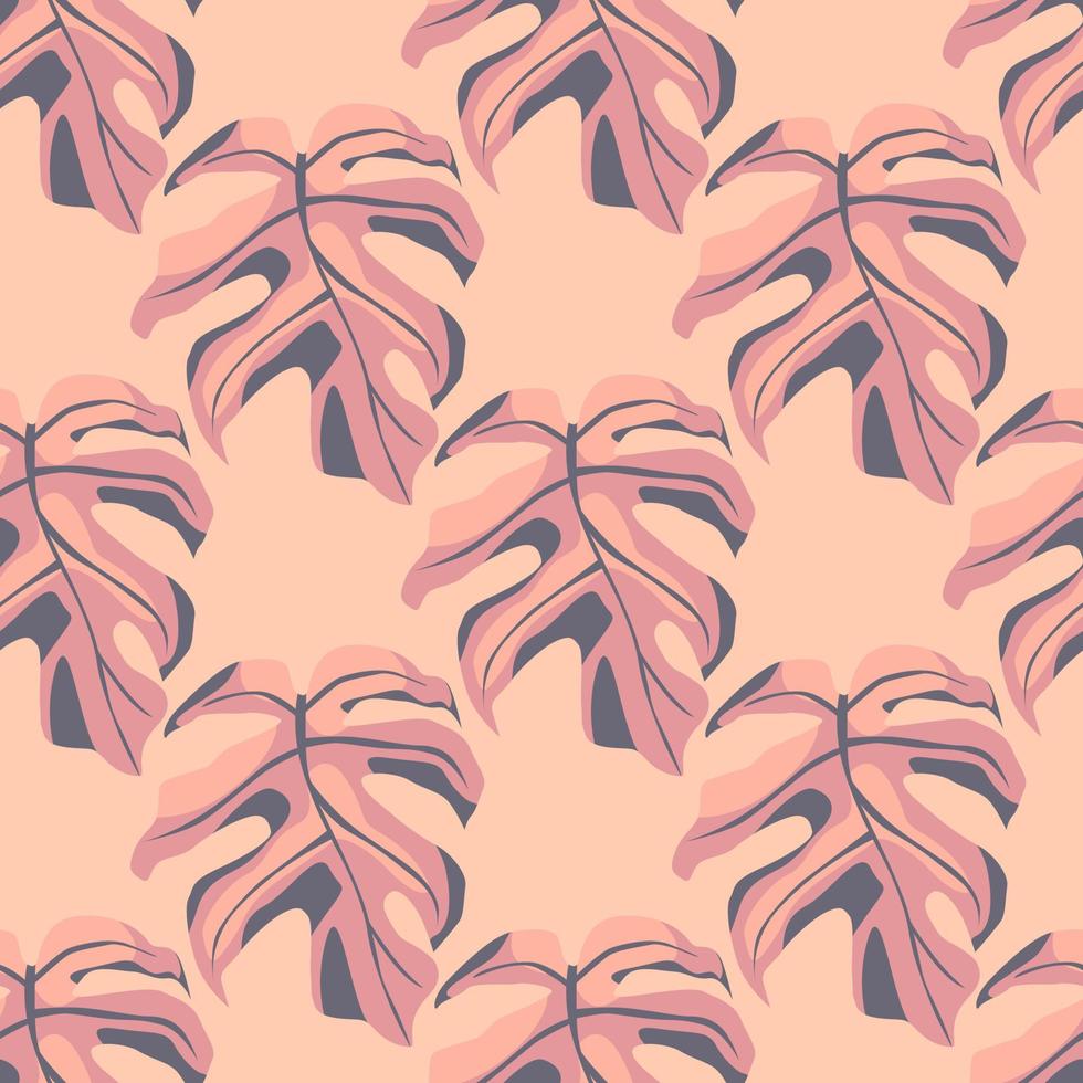 Pastel monstera leaves silhouettes seamless pattern. Pink soft palette exotic floral print. vector
