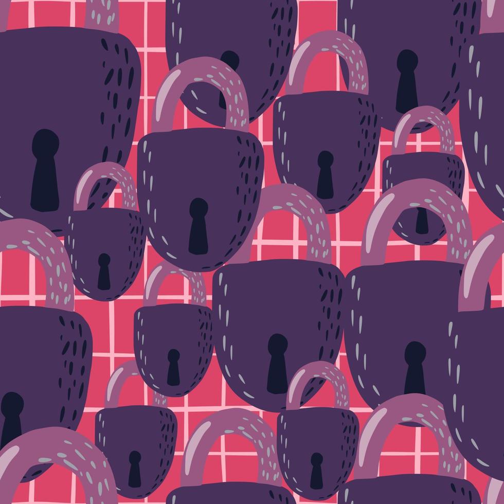 Random lock ornament seamless doodle pattern. Purple secret victorian elements on pink chequered background. vector