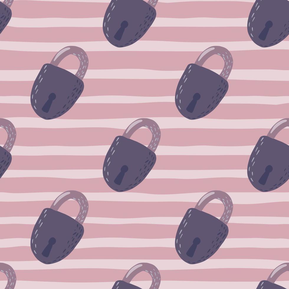 Door locks silhouettes seamless doodle pattern. Simple vintage print in purple colors on pink stripped background. vector