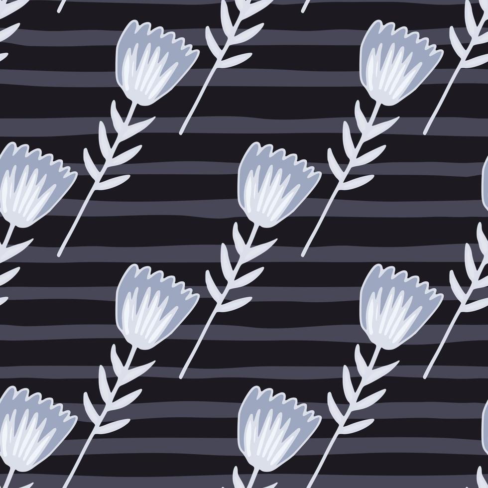 Hand drawn white contoured flower silhouettes seamless pattern with blue elements. Dark grey and black stripped background. vector