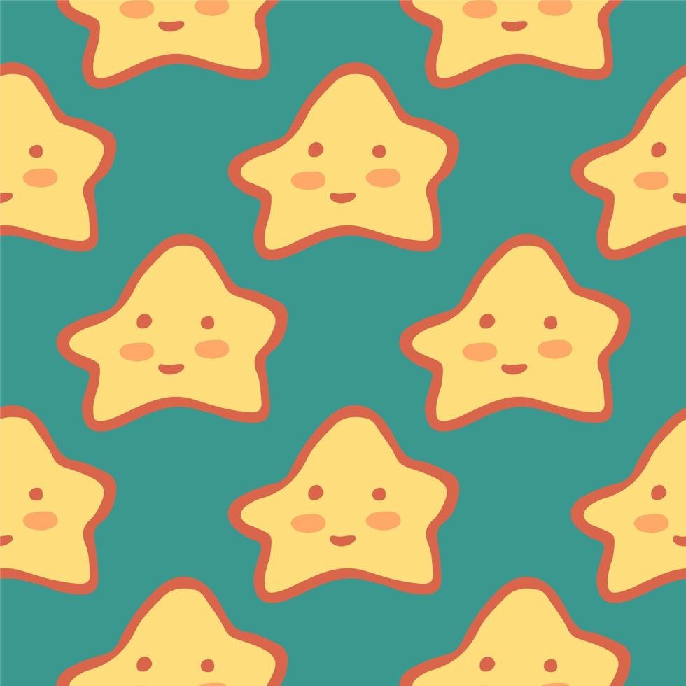 Cute abstract stars seamless pattern on green background. Character star shapes elements wallpaper. vector