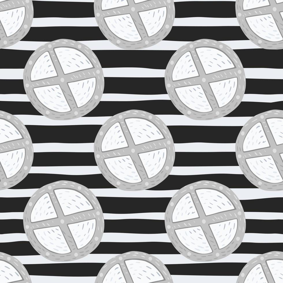 Monochrome seamless pattern with circle wood shield ornament. Grey and white medieval silhouettes on striped contrast background. vector