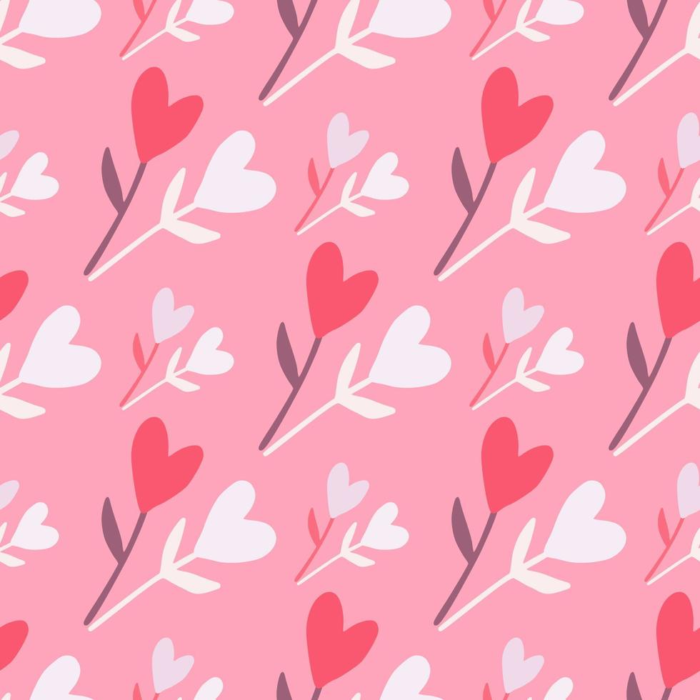 Nature summer seamless flowers with hearts pattern. Floral motif in white and red colors on pink background. vector