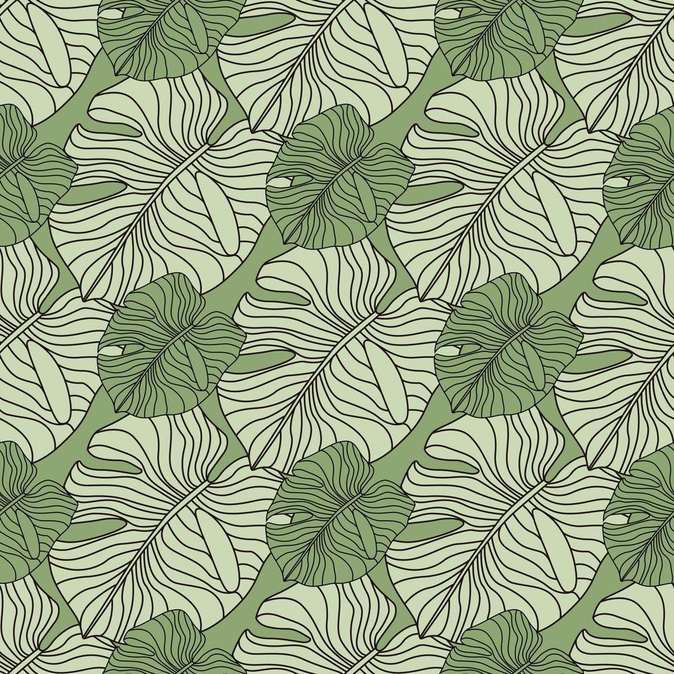 Floral seamless pattern with doodle monstera contoured silhouettes. Outline foliage shapes in green and grey tones. vector