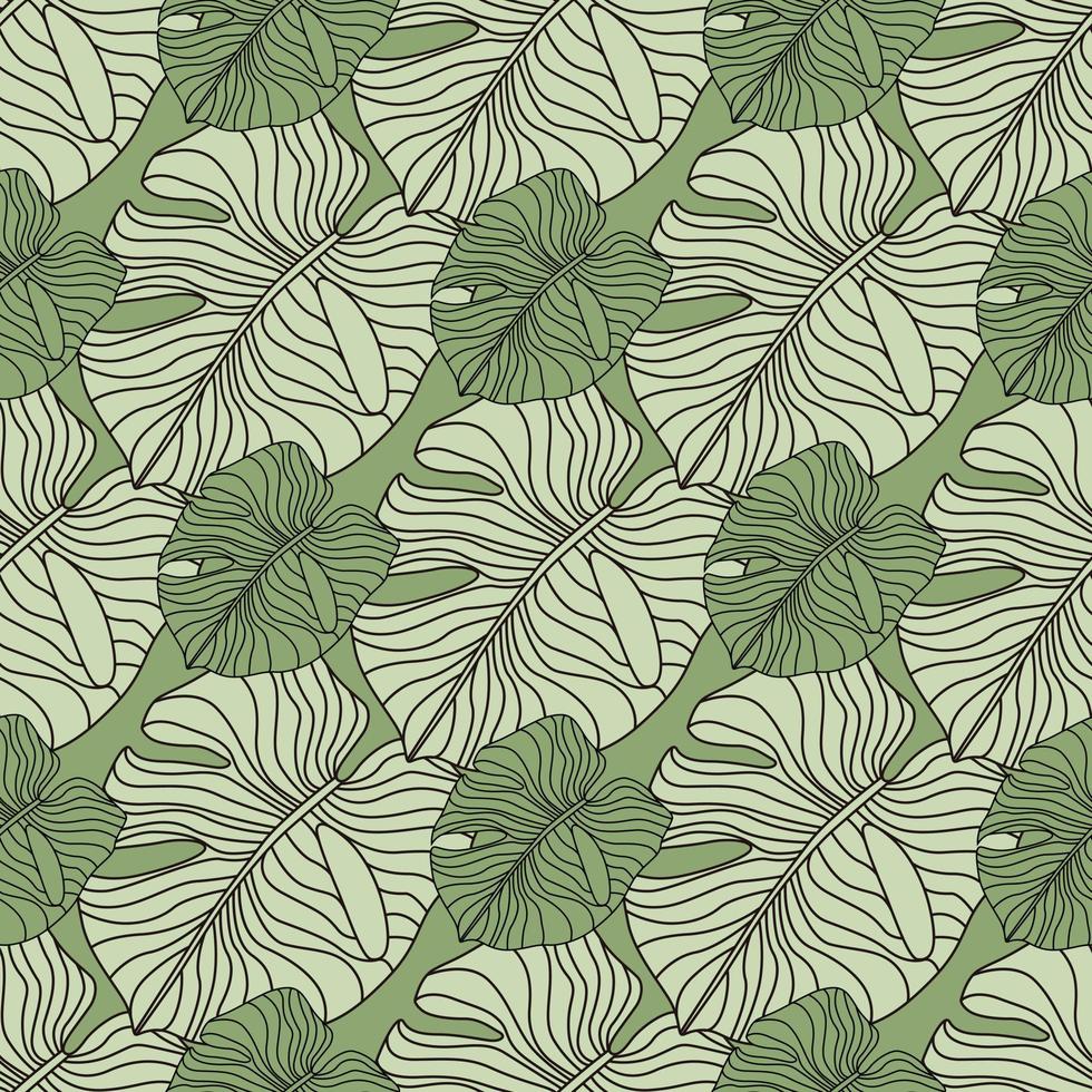 Floral seamless pattern with doodle monstera contoured silhouettes. Outline foliage shapes in green and grey tones. vector